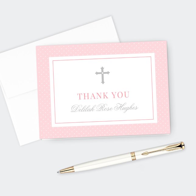 Elegant Pink and Gray Girl First Communion Thank You Card (Creator Uploaded)