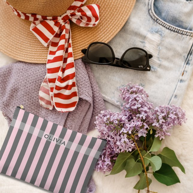 Elegant Pink and Gray stripes Minimalist Custom Accessory Pouch (Creator Uploaded)