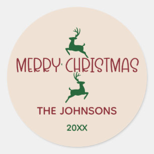 Elegant Pink and Green Deer Christmas Envelope Classic Round Sticker