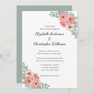 Elegant Pink and Green Floral Watercolor Wedding Invitation