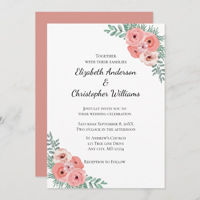 Elegant Pink and Green Floral Watercolor Wedding  Invitation (Front/Back)