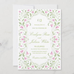 Elegant Pink and Green Floral Wedding Invitation