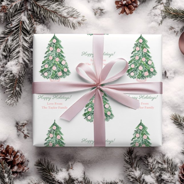 Elegant Pink And Green Happy Holidays Family Name Wrapping Paper (Christmas wrapping paper featuring tree decorated with pretty pink and white chinoiserie baubles)