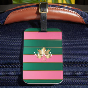 Elegant Pink and Green Stripes Monogrammed Luggage Tag