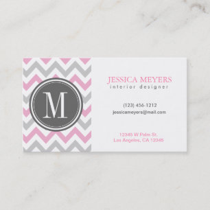 Elegant Pink and Grey Chevron with Monogram Business Card