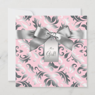 Elegant Pink and Grey Damask Baby Shower Invitation
