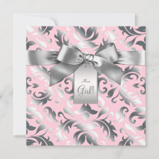 Elegant Pink and Grey Damask Baby Shower Invitation