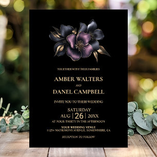 Elegant Pink and Grey Floral Black Wedding Invitation