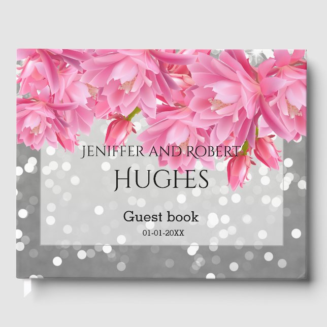 Elegant Pink and Grey Floral Lace Wedding Guest Book (Front)