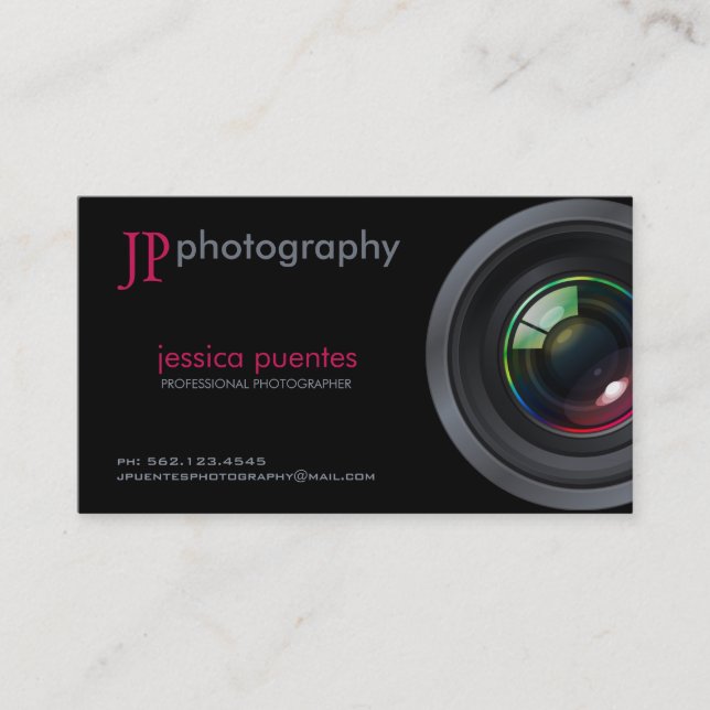 Elegant Pink and Grey Photographer Camera Lens Business Card (Front)