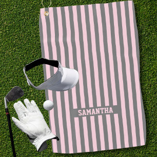 Elegant Pink and Grey stripes Monogrammed custom Golf Towel