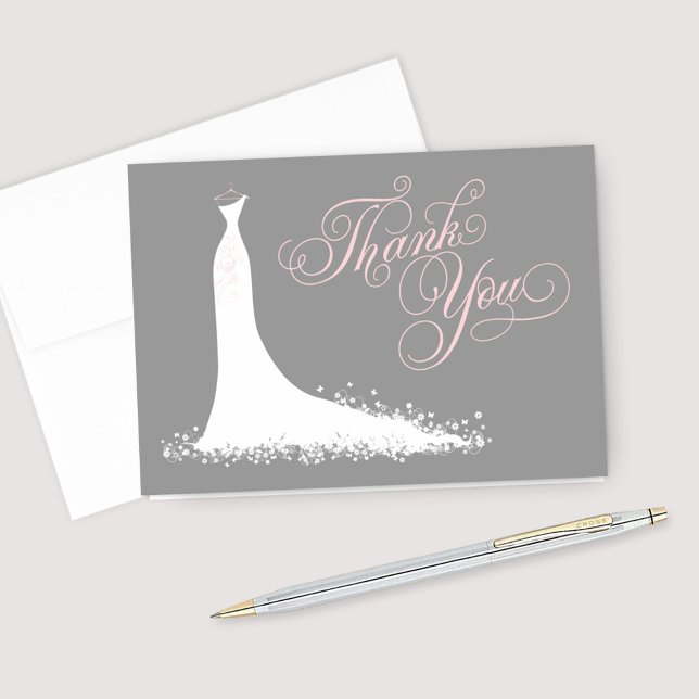 Elegant Pink and Grey Wedding Gown Bridal Shower Thank You Card (Creator Uploaded)