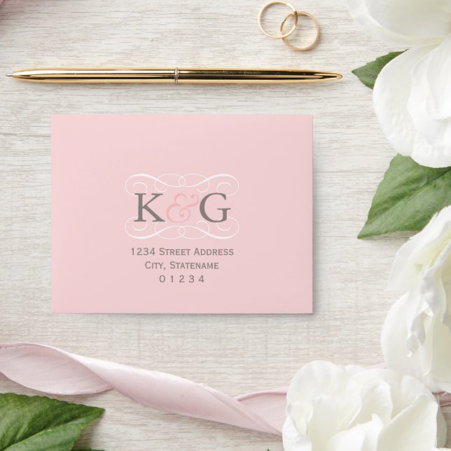 Elegant Pink and Grey Wedding Monogram RSVP Envelope (Wedding)