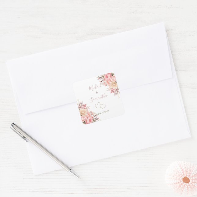 Elegant Pink and Ivory Rose Wedding Square Sticker (Envelope)
