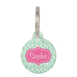 Elegant Pink And Mint Green Damask Pattern Pet Tag