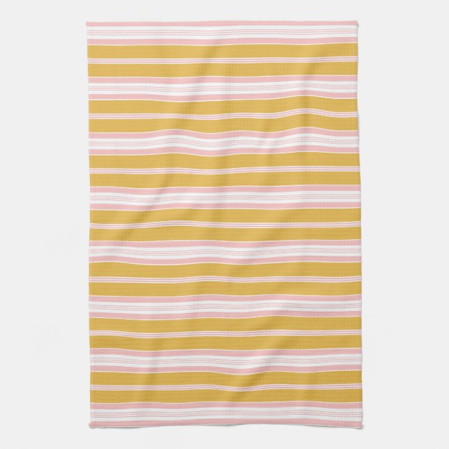 Elegant Pink and Mustard French Ticking Stripes  Tea Towel (Vertical)