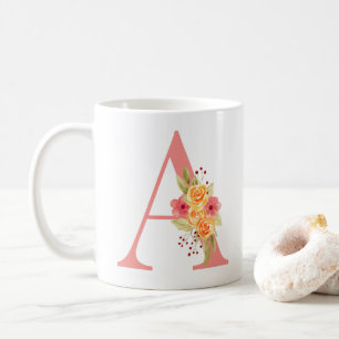 Elegant Pink and Orange Flower Monogram A Coffee Mug