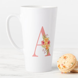 Elegant Pink and Orange Flower Monogram A Latte Mug