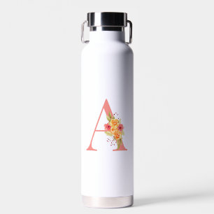 Elegant Pink and Orange Flower Monogram A Water Bottle