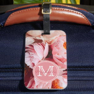 Elegant Pink and Peach Peonies Monogrammed Luggage Tag
