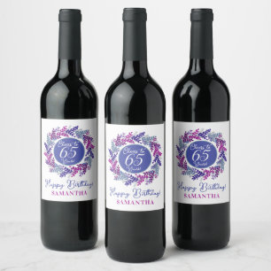 Elegant Pink and Purple 65th Birthday Wine Label