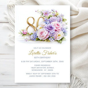 Elegant Pink and Purple Floral 80th Birthday Party Invitation