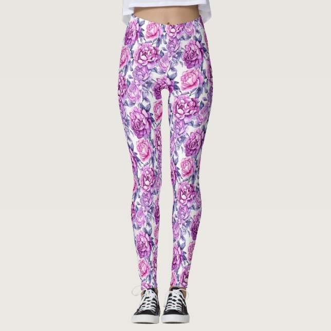 Elegant Pink and Purple Floral Leggings (Front)