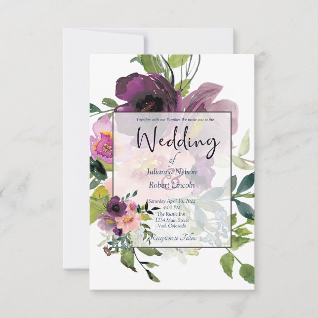 Elegant Pink and purple floral wedding invitation (Front)