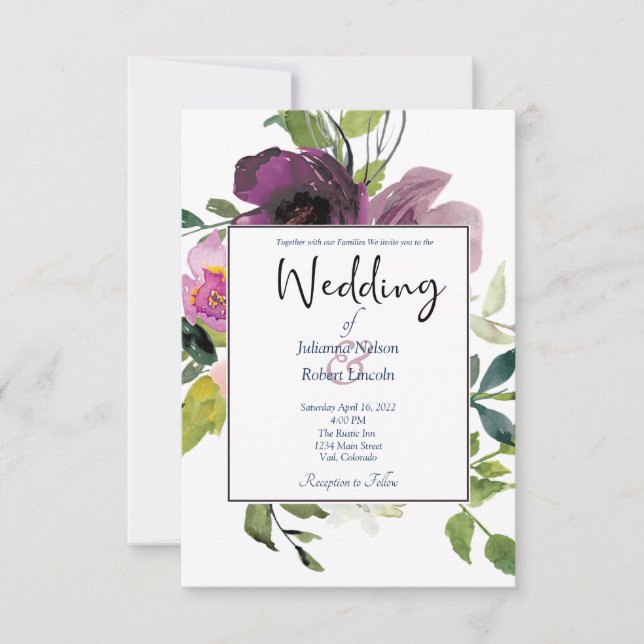 Elegant Pink and purple floral wedding invitation (Front)
