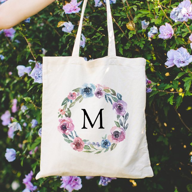 Elegant Pink and Purple Floral Wreath Monogra Tote Bag (Creator Uploaded)
