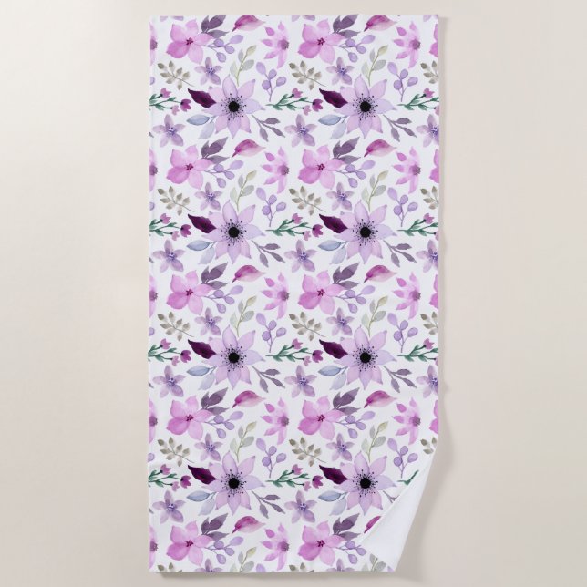 Elegant Pink and Purple Flower Pattern Beach Towel (Front)