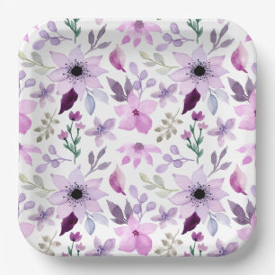 Elegant Pink and Purple Flower Pattern Paper Plate
