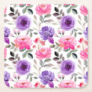 Elegant Pink and Purple Flower Pattern Square Pape Paper Coaster