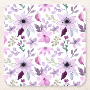 Elegant Pink and Purple Flower Pattern Square Paper Coaster