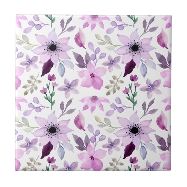Elegant Pink and Purple Flower Pattern Tile (Front)