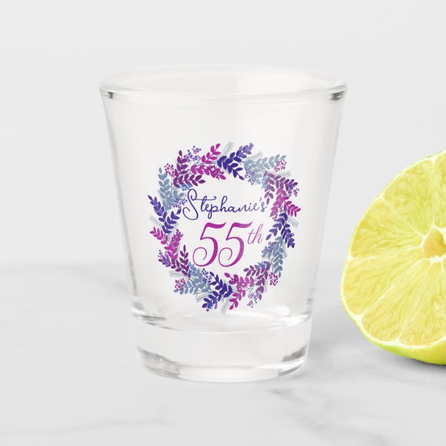 Elegant Pink and Purple Wreath 55th Birthday Party Shot Glass (Front)