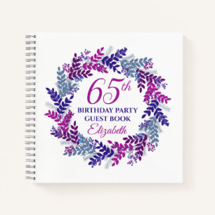 Elegant Pink and Purple Wreath 65th Birthday Party Notebook