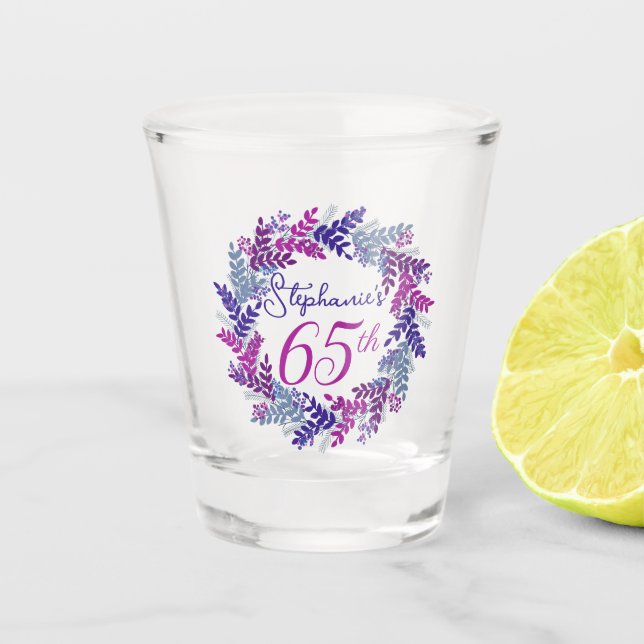 Elegant Pink and Purple Wreath 65th Birthday Party Shot Glass (Front)