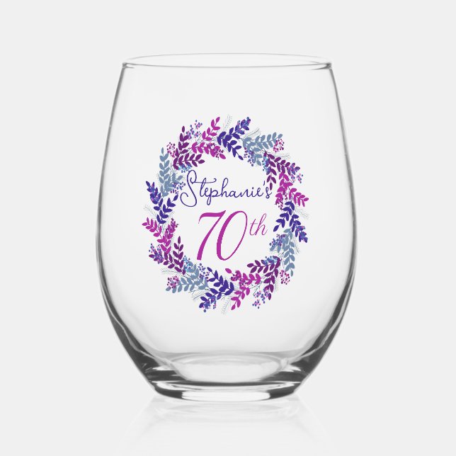 Elegant Pink and Purple Wreath 70th Birthday Party Stemless Wine Glass (Front)