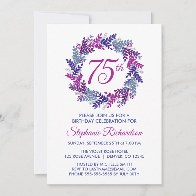Elegant Pink and Purple Wreath 75th Birthday Invitation (Front)
