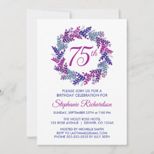 Elegant Pink and Purple Wreath 75th Birthday Invitation