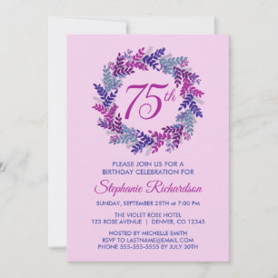Elegant Pink and Purple Wreath 75th Birthday Party Invitation