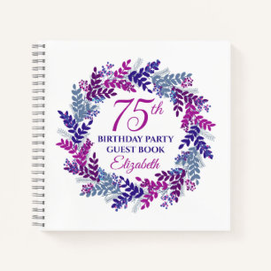Elegant Pink and Purple Wreath 75th Birthday Party Notebook