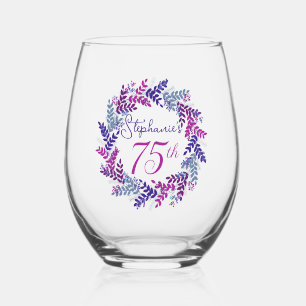Elegant Pink and Purple Wreath 75th Birthday Party Stemless Wine Glass