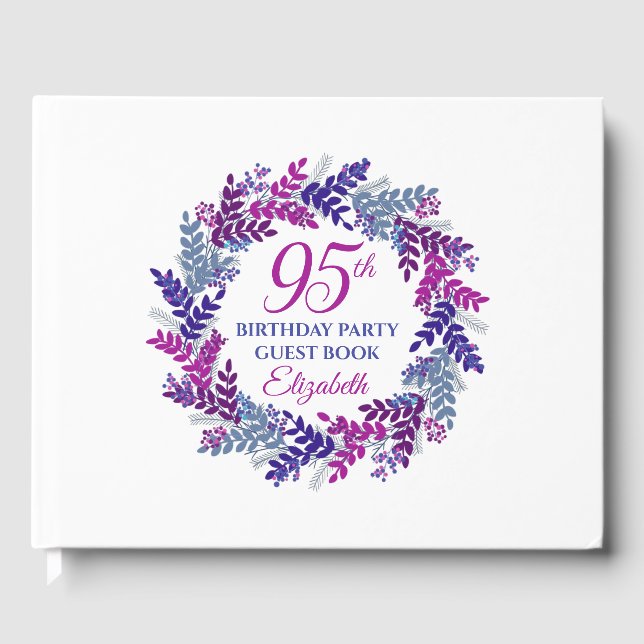 Elegant Pink and Purple Wreath 95th Birthday Party Guest Book (Front)