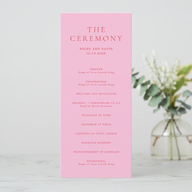 Elegant Pink and Red Classic Wedding Programme (Standing Front)