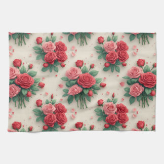 Elegant Pink and Red Rose Bouquets Tea Towel
