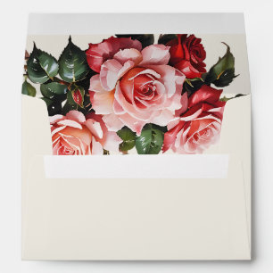 Elegant pink and red roses floral wedding envelope