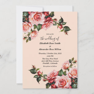 Elegant pink and red roses floral wedding invitation