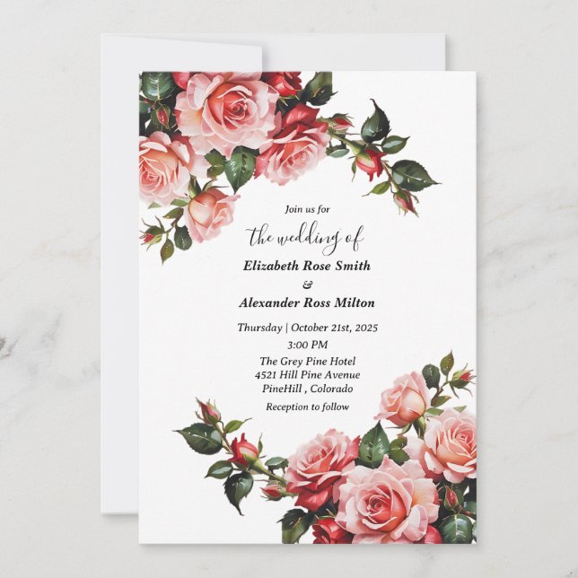 Elegant pink and red roses floral wedding invitation (Front)